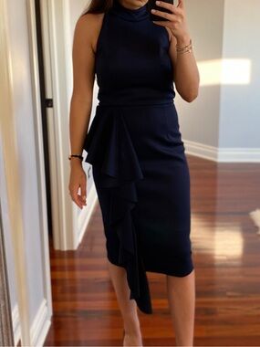 Eliza J Navy One-Shoulder Ruffle Sheath Dress